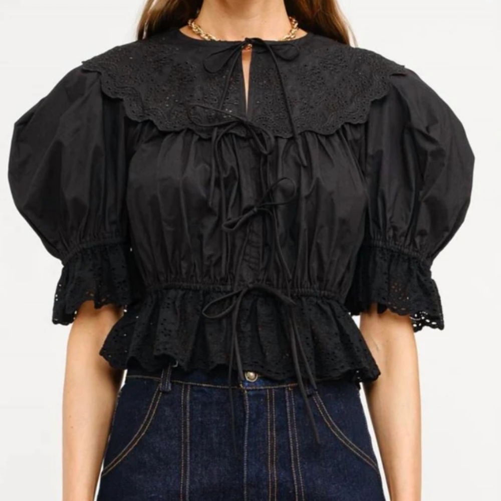 Sofie The Label Emi Eyelet Top Blouse Black Puff Sleeves M Medium - Picture 1 of 7